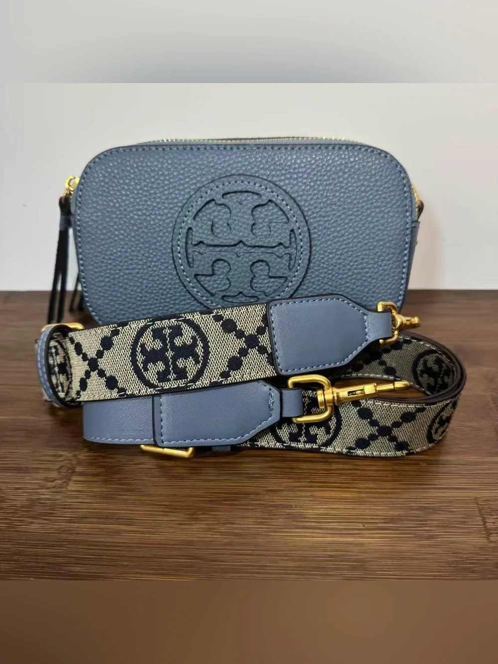 Tory Burch Slate Blue Pebbled Leather Crossbody with Jacquard Strap
